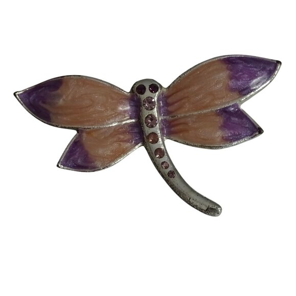 Dragonfly Brooch Pin With Rhinestones and Enamel Accents Purple Pink Silver Tone - Picture 1 of 8